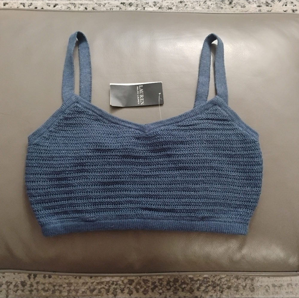 Lauren Ralph Lauren Linen-Cotton Cropped Indigo Blue Sweater Tank Top Sz S NWT - Picture 2 of 8